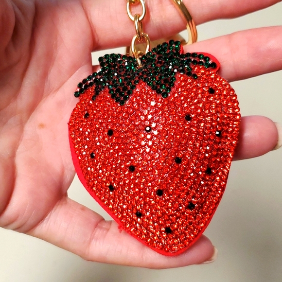 Boutique Accessories - Strawberry 🍓 design rhinestone covered goldtone puffy keychain•NWT